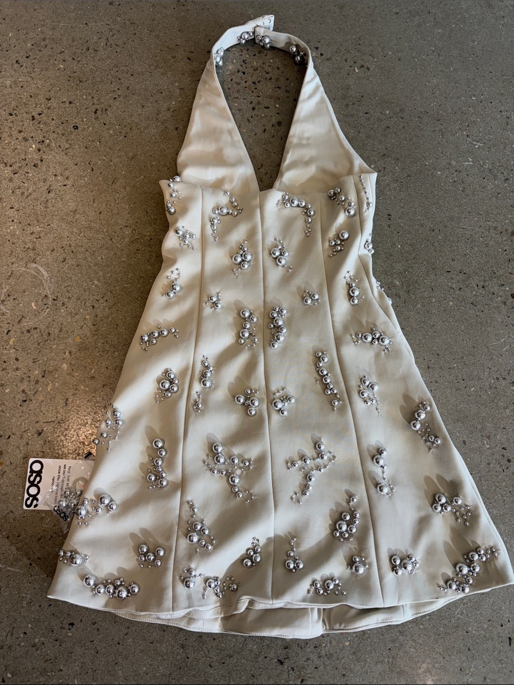 ASOS Cream Satin Silver Beaded Halter Mini Dress - Picture 4 of 6